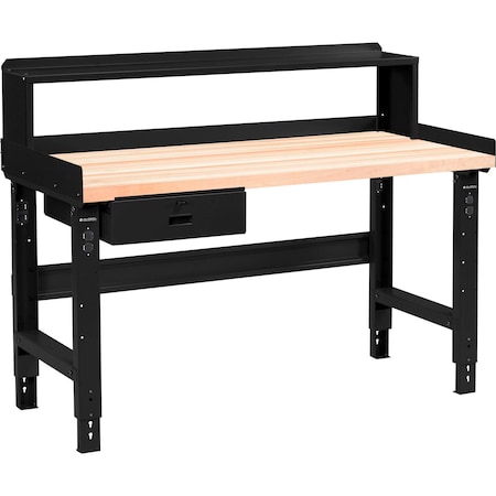Global Industrial 60 x 30 Adj Height Workbench w/Drawer&Riser, Black- Maple Square Edge Top 183166BBK